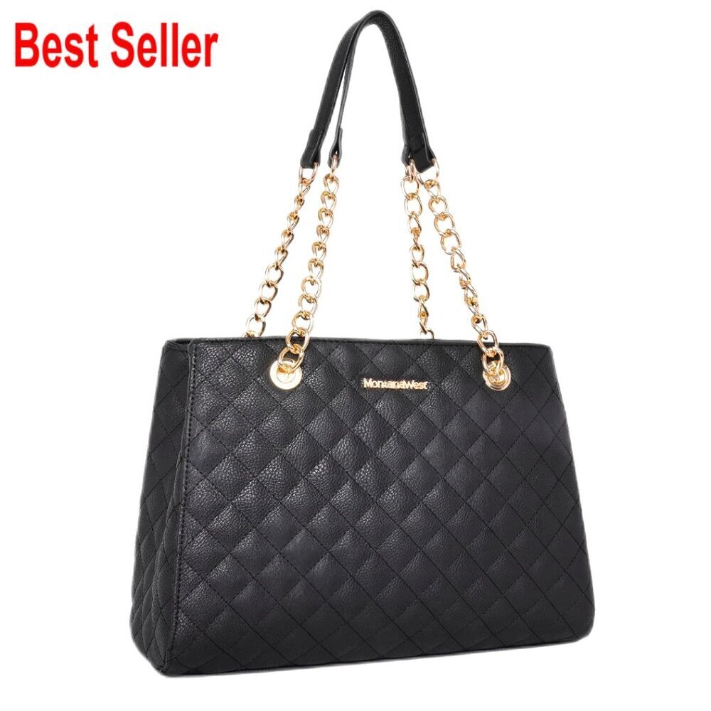 Faux Leather Quilted Tote Bag with Gold Chain Shoulder Strap